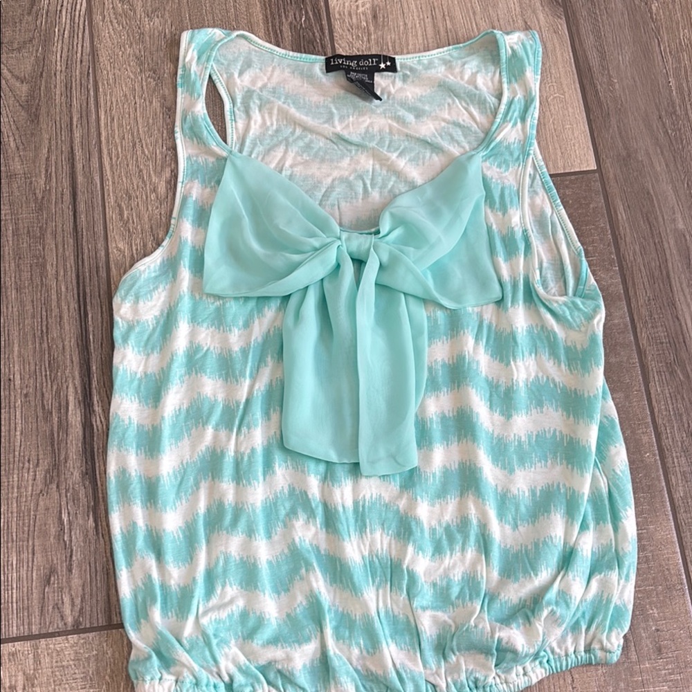 Living Doll White and Green Tie Front Tank Top